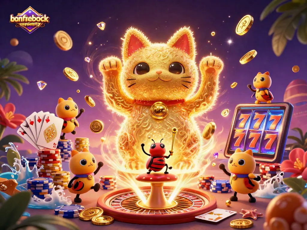 Experience vibrant energy at bonfireblockparty with our lucky cat and casino symbols illustration.