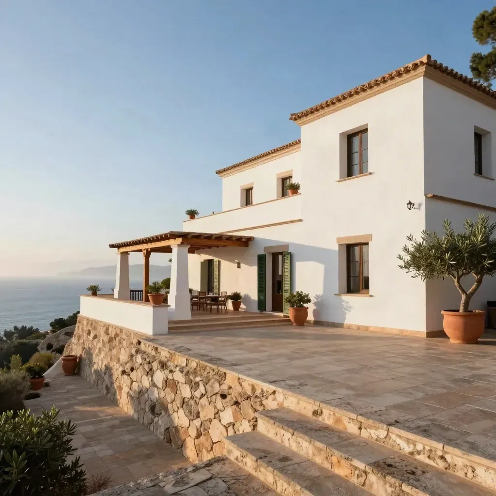 Villa mediterránea blanca en Jávea al amanecer, con terraza de travertino y mar al fondo.