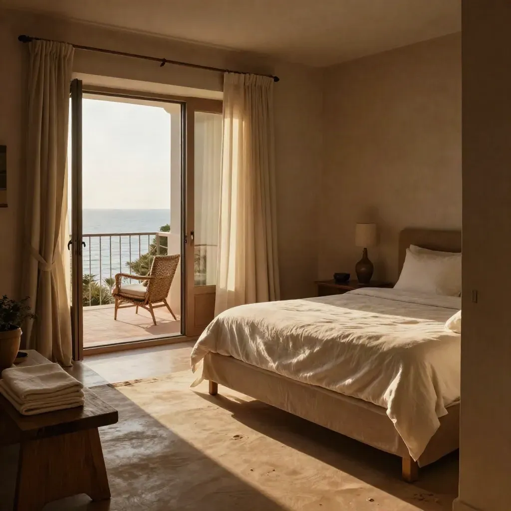 Apartamento vacacional listo para entrar, con cama blanca, butaca tejida y balcón abierto al mar.