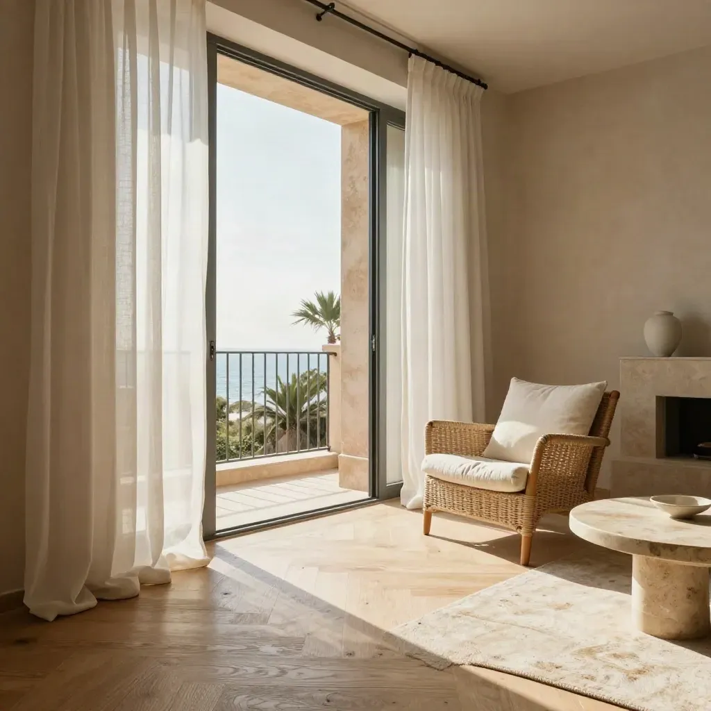 Salón largo en Palma con balcón abierto, butaca tejida y banda de sol sobre suelo de madera clara.