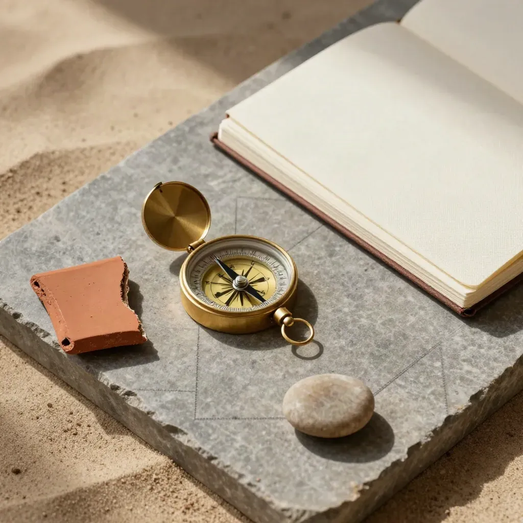 Brújula de latón, cuaderno crema, teja terracota y canto rodado sobre piedra mate.