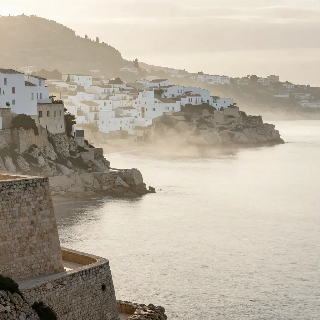 Acantilados claros y casas blancas sobre una cala luminosa entre niebla marina en Costa Blanca.